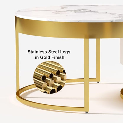 homary Round Lift-Top Coffee Table with Storage, White Faux Marble Nesting Coffee Tables with Rotatable Drawers for Living Room