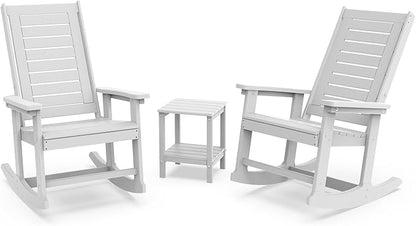 GREENVINES Outdoor Rocking Chair Set | 3-Piece | 2 Rocking Chairs with 1 Side Table | Porch Rocker | HDPE Plastic | White | Patio Furniture Sets | High Back | Big & Tall | Ladder Back