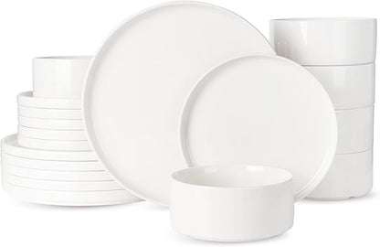Famiware Porcelain Dinnerware Set, 18-Piece Modern Plate and Bowl Set, dish set for 6, Microwave and Dishwasher Safe Tableware, White