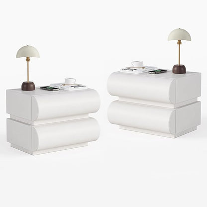 homary 2-Drawer Smart Nightstands Set of 2 with Wireless Charging Station, USB & Type-C Ports, Faux Leather White Night Stands Modern Bedside Tables for Bedroom Storage, Fully Assembled