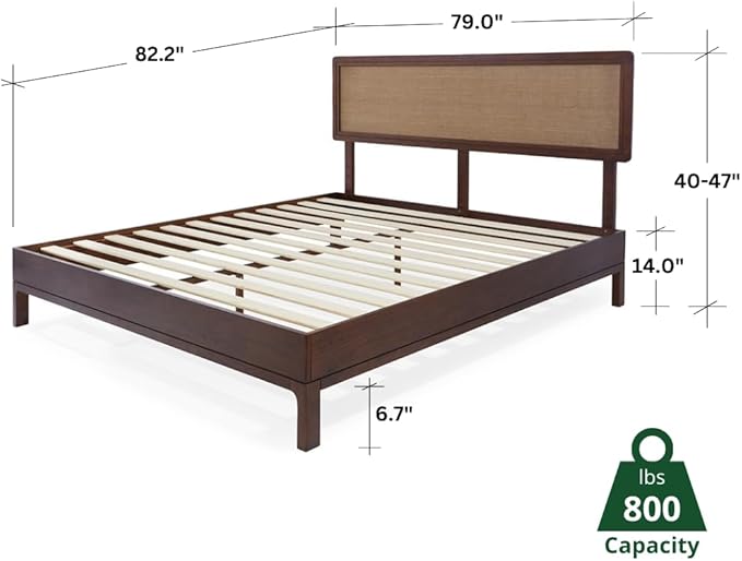 Bme Nipe King 14 Inch Bohemian Bed Frame with Adjustable Wicker Headboard - Rustic & Vintage Unique Style with Acacia Wood - No Box Spring Needed - Easy Assembly - Walnut