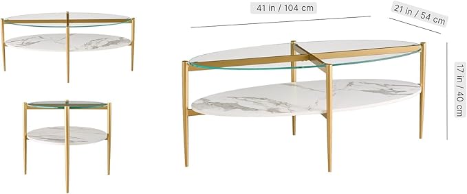 AGV LIGHTING Oval Coffee Table, Mid-Century Modern Coffee Table, Glass Coffee Table, Glod Finish Legs, Thick Tempered Glass Top with White Marble MDF Shelf