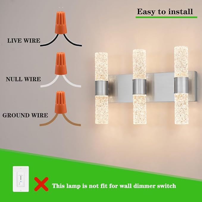 Modern Vanity Light, LED Vanity Light Fixture Brushed Nickel, Crystal Bathroom Lighting Fixtures over Mirror, Wall Lighting Fixtures for Bath, Wall Sconce for Bedroom Living Room, 27W 3000K Warm White