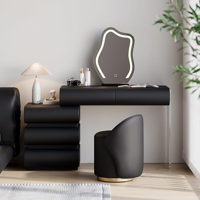 homary Black Makeup Vanity Set with LED Mirror and Dressing Stool, Modern PU Leather Dressing Table with Drawers for Bedroom, Ideal for Women Girls (Black)