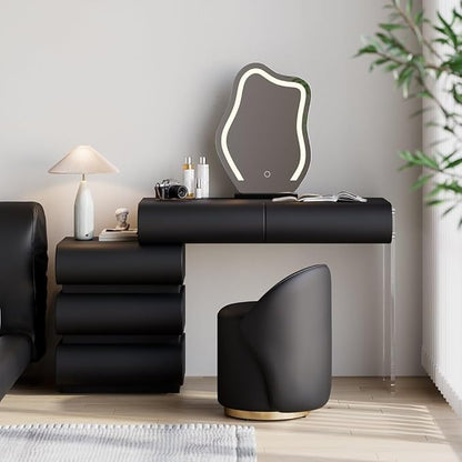 homary Black Makeup Vanity Set with LED Mirror and Dressing Stool, Modern PU Leather Dressing Table with Drawers for Bedroom, Ideal for Women Girls (Black)