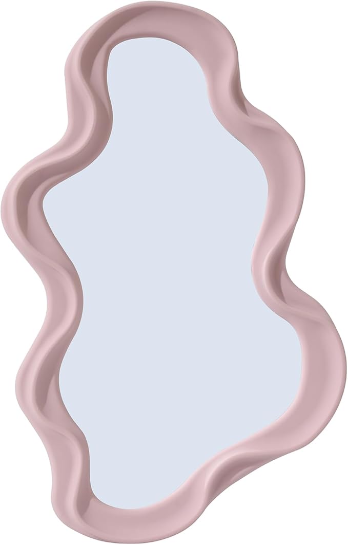 Funky Small Decorative Wall Mirror - Pink Asymmetrical Wavy Design,Hanging Mirror for Bedroom, Bathroom Entryway Modern Irregular Squiggly Shape,Compact Size, Easy Install