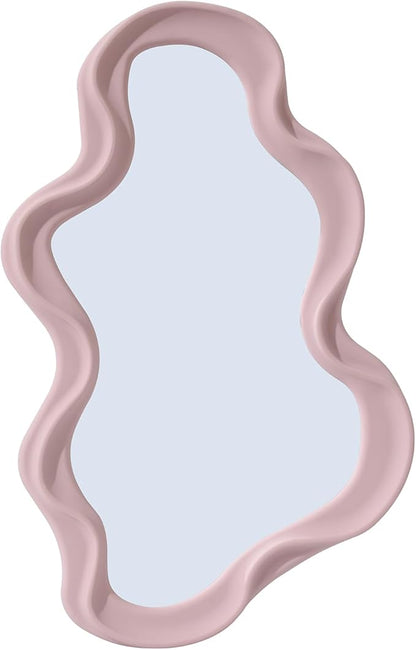 Funky Small Decorative Wall Mirror - Pink Asymmetrical Wavy Design,Hanging Mirror for Bedroom, Bathroom Entryway Modern Irregular Squiggly Shape,Compact Size, Easy Install