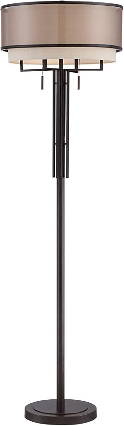 Franklin Iron Works Alamo Industrial Rustic Farmhouse Standing Floor Lamp 62" Tall Bronze Sheer Brown Organza Linen Fabric Double Drum Shades for Living Room Reading Bedroom Office House Home Decor