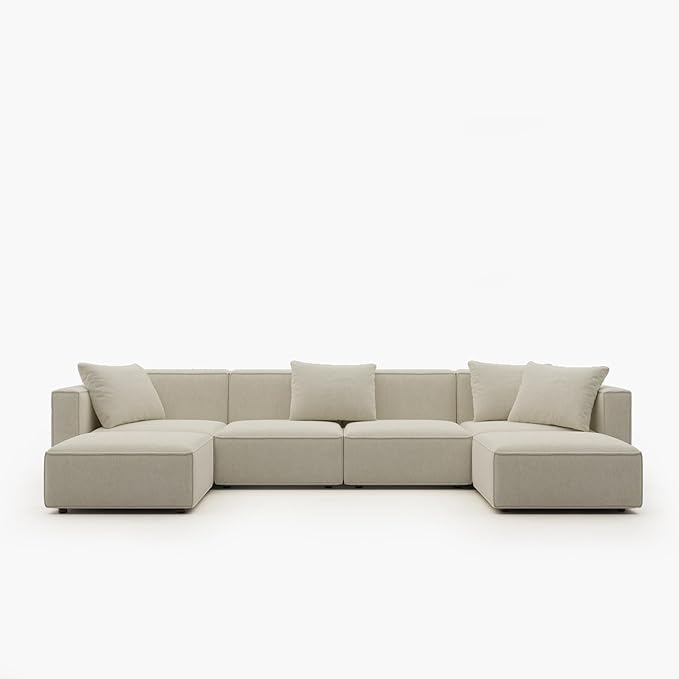 Acanva Luxury Modular Sectional Living Room Sofa Set, Modern Minimalist Style Couch with Ottoman and Chaise, U-Shape, Linen-Like Cream