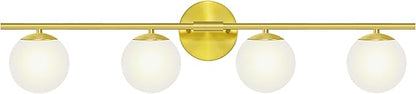New Bathroom Vanity Light Fixtures Brushed Bronze Milk White Globe Glass Shade Modern Wall Bar Sconce Over Mirror (Brushed Brass, 4T)