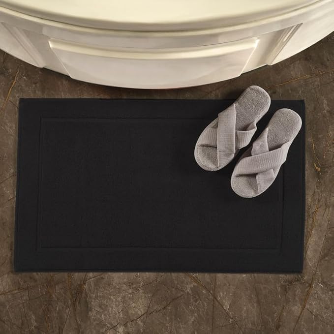 Hawmam Linen Bath Mats, 21 x 34 inches Ring Spun Cotton Banded Design Highly Absorbent, Black