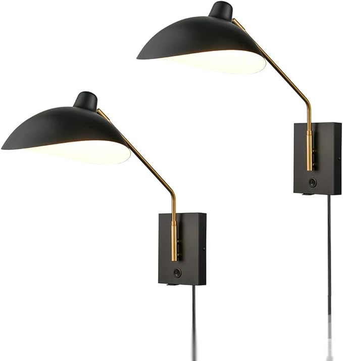 CLAXY Plug in Wall Sconce Swing Arm Wall Light Matte Black with USB Charge Port-Set of 2, Plug in or Hardwired Wall Mounted Lights for Bedroom Reading Room Living