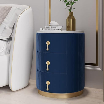 homary Blue Velvet Nightstand with Storage, Round Bedside Table with 3 Drawers, Stone Top Night Table for Bedroom, End Tables for Living Room