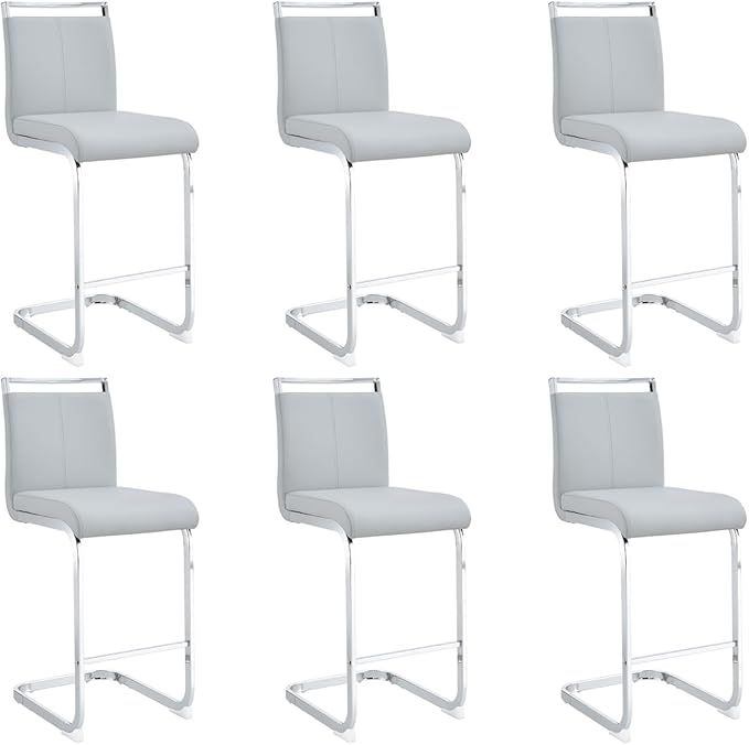Bar Stools Set of 6, 25" Counter Height, Light Grey Faux Leather, Chrome Plated Metal Leg Dining Chair
