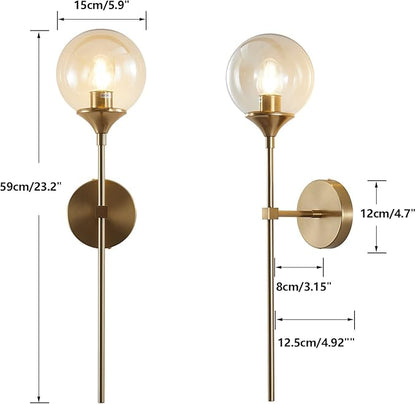 KCO Lighting Brushed Brass Gold Wall Mounted Sconce Mid Century Modern Wall Light Fixture Vintage Long Wall Lamp Amber Glass Wall Sconce Lighting Globe Round Wall Light (Amber)