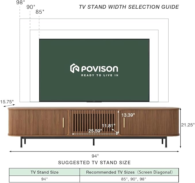 POVISON Fully-Assembled Mid Century Modern TV Stand for 75+ inch TV, Sliding Door Entertainment Center with Storage, Wood TV Console, Media Console for Living Room Bedroom(Walnut, 94.49")