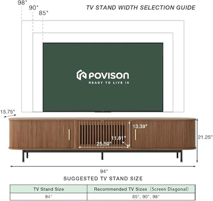 POVISON Fully-Assembled Mid Century Modern TV Stand for 75+ inch TV, Sliding Door Entertainment Center with Storage, Wood TV Console, Media Console for Living Room Bedroom(Walnut, 94.49")