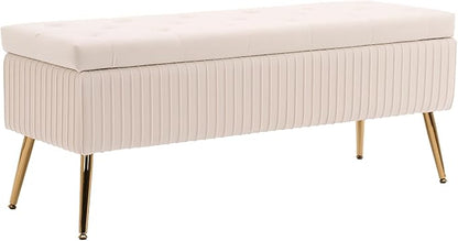 Velvet Storage Bench for Bedroom, Upholstered End of Bed Bench Modern Tufted Ottoman with Gold Legs for Living Room/Window/Entryway(Ivory White, Rectangle-45.5" W)
