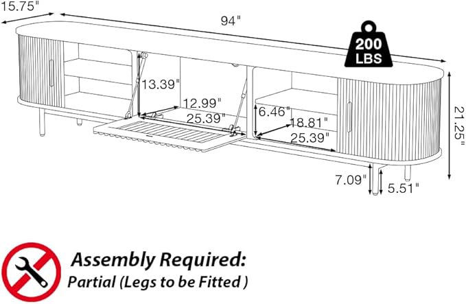 POVISON Sliding Tambour Door TV Stand, Mid Century Modern Sintered Stone TV Console, Wood Media Console for 85 Inch TV, Entertainment Center with Storage Cabinet, Fully-Assembled (Walnut, 94.49")