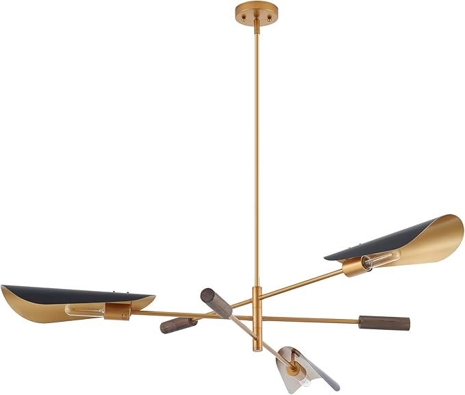 51" Industrial Farmhouse Chandelier with Antique Brass Brush Paint and Matt Black Finish, Wood Pendant Lighting Fixture for Dining Room Living Room Kitchen Island Bedroom 3-Light