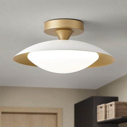 Dimmable Small Mid Century Modern Flush Mount Ceiling Light with Acrylic Shade,White and Gold LED Ceiling Lights,5CCT 2700K-6000K Light Fxiture for Hallway Entryway Bedroom Kitchen Laundry Room 11.8in