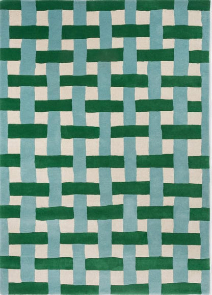 Emerald Green and Aquamarine Hand-Tufted Wool Area Rug 6x8 Ft – Modern Checkered Basketweave Carpet for Bedroom, Living Room, Nursery – Plush, Artistic, Durable