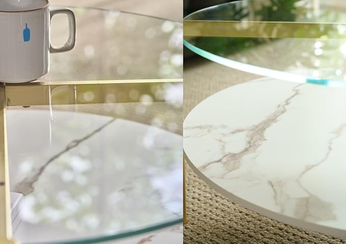 AGV LIGHTING Round Glass Coffee Table, Mid-Century Modern Coffee Table for Living Room, Glod Finish Leg, Tempered Glass Top with White Marble MDF Shelf