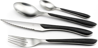 Amefa Eclat Nature 24-Piece Black Wood Pattern Handle Stainless Steel Flatware & Silverware Set for 6-18/0 Knife Set with Steak Knives, Forks & Spoons - Dishwasher Safe - Black Silverware - Cutlery