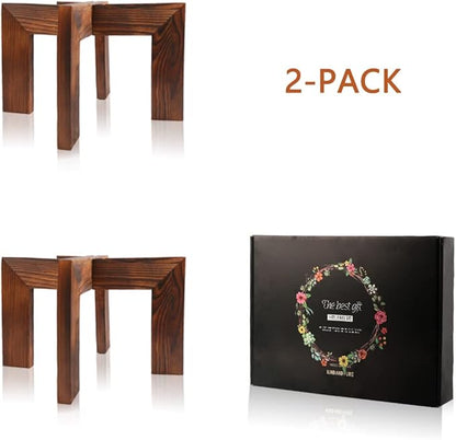 2 Pack Wood Plant Stand, Mid Century Modern Planter Stand Rattan Flower Pot Stand, Low Short Plant Stands Indoor - Boho Rustic Wooden Stool for Plant Pot Holder, Fit 5-15 Inch Pot