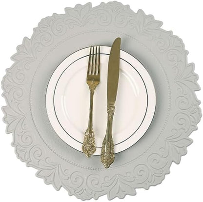 Noctiflorous Round Faux Leather 15 Inch Placemats Set of 4 Waterproof Wipeable Heat Resistant Tablemat for Dining Table Kitchen Non Slip Oilproof Table Place Mat for Indoor Outdoor(Grey, 4)