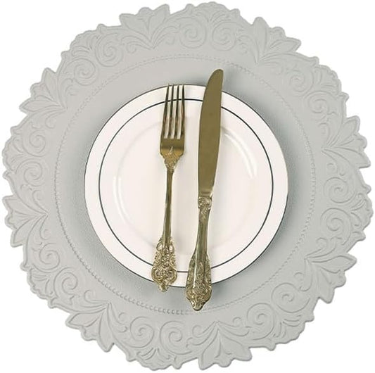 Noctiflorous Round Faux Leather 15 Inch Placemats Set of 4 Waterproof Wipeable Heat Resistant Tablemat for Dining Table Kitchen Non Slip Oilproof Table Place Mat for Indoor Outdoor(Grey, 4)