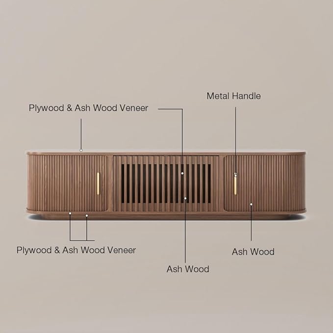 POVISON Fully-Assembled Mid-Century Modern Tambour Door TV Stand, Wood TV Console, Entertainment Center with Storage for 75 inch TV, Media Console for Living Room