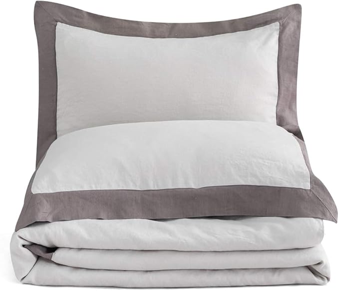 Simple&Opulence 100% Linen Duvet Cover Set with Washed French Flax-Full Size(78"x 86")- 3 Pieces (1 Comforter Cover,2 Pillowshams) Basic Border Design Premium Bedding Set Breathable,Grey and Brown