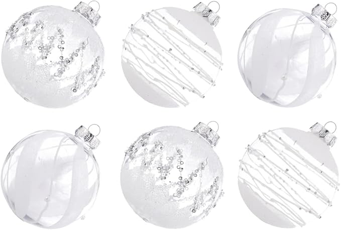 XmasExp Shatterproof Clear Plastic Christmas Ball Ornaments 100mm/3.94" 6pcs Christmas Decorations Decorative Xmas Balls Baubles Set with Stuffed Delicate Decorations (Snow White, 100mm/3.94")