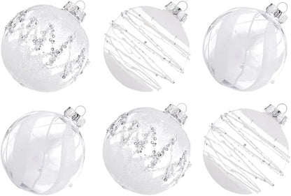 XmasExp Shatterproof Clear Plastic Christmas Ball Ornaments 100mm/3.94" 6pcs Christmas Decorations Decorative Xmas Balls Baubles Set with Stuffed Delicate Decorations (Snow White, 100mm/3.94")