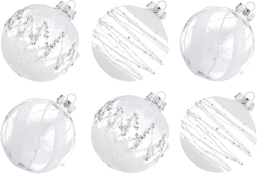 XmasExp Shatterproof Clear Plastic Christmas Ball Ornaments 100mm/3.94" 6pcs Christmas Decorations Decorative Xmas Balls Baubles Set with Stuffed Delicate Decorations (Snow White, 100mm/3.94")