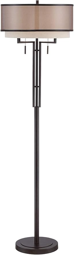 Franklin Iron Works Alamo Industrial Rustic Farmhouse Standing Floor Lamp 62" Tall Bronze Sheer Brown Organza Linen Fabric Double Drum Shades for Living Room Reading Bedroom Office House Home Decor