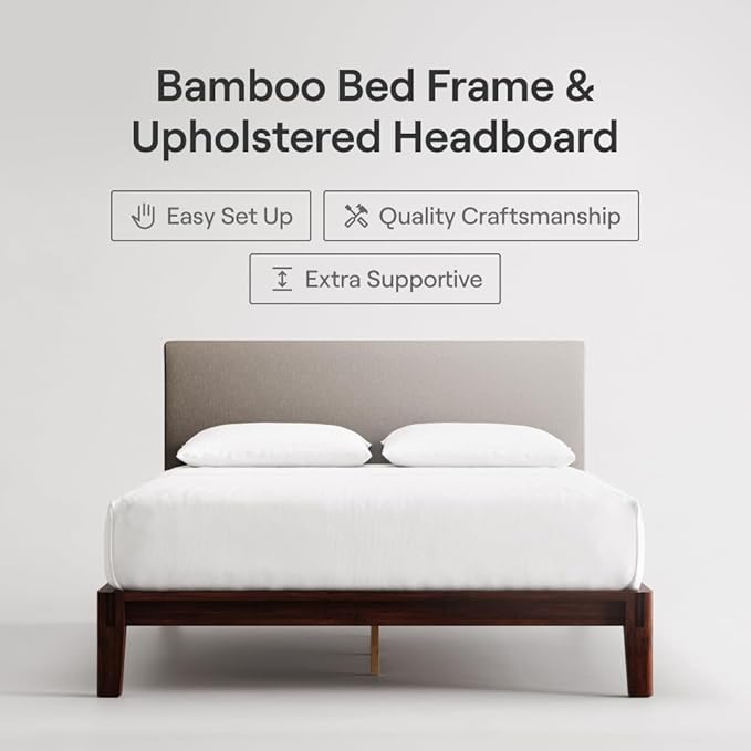 Nectar Bamboo Platform Bed Frame & Upholstered Headboard - Cal King - Walnut/Slate - Floating Center Support Legs -12” Height - Tool Free Set Up - Sturdy Wooden Support Slats - Holds Up To 800 lbs