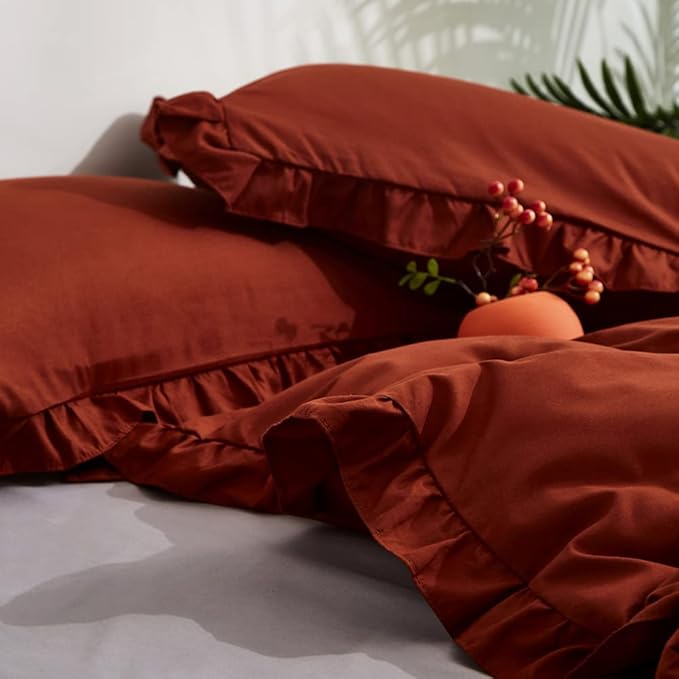 CLOTHKNOW Terracotta Ruffles California King Comforter Set 3Pcs Rust Farmhouse Bedding Comforter Sets Burnt Orange Comforter Soft Shabby Chic Comforter Vintage Rustic Bedding Sets