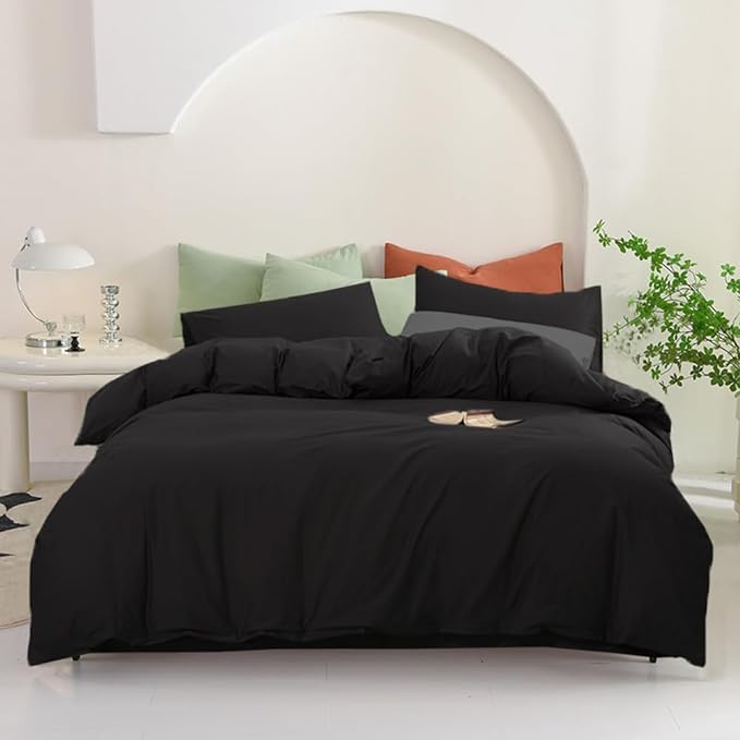 Pureant Black Comforter Full Size Solid Color Bedding Set Women Men Pure Black Quilts Soft Breathable Dark Color Comforter Set 3 Pieces Lightweight Durable Bedding