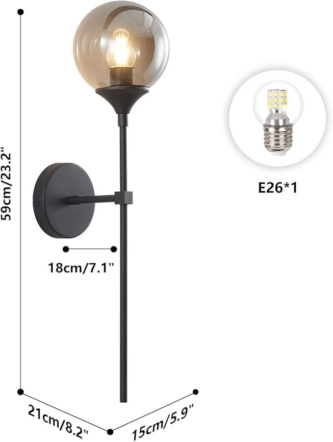 KCO Lighting Modern Smoke Grey Glass Globe Wall Sconce Black Matte Slim Wall Sconce Long Slim Wall Mount Light Vintage Industrial Wall Lamp for Hallway Stairs Bathroom