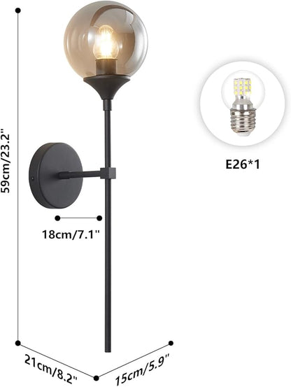 KCO Lighting Modern Smoke Grey Glass Globe Wall Sconce Black Matte Slim Wall Sconce Long Slim Wall Mount Light Vintage Industrial Wall Lamp for Hallway Stairs Bathroom