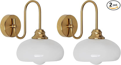 KCO Lighting Brushed Gold Wall Sconces Set of Two Milk Glass Wall Sconce Mid Century Modern Wall Sconce Frosted Globe Vanity Light Bathroom Sconces Wall Lighting Set of 2