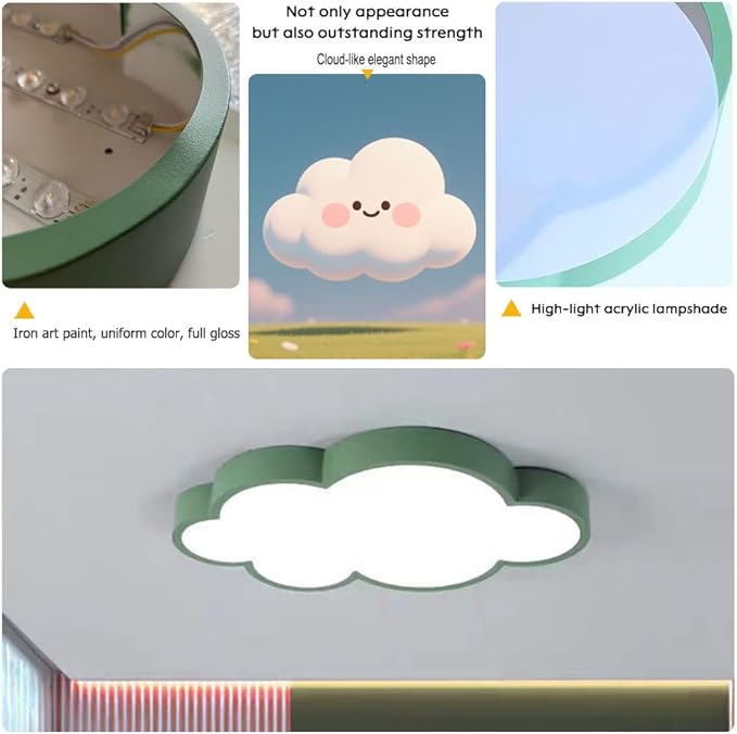 DELIPUSIH Cloud Shape LED Ceiling Light, 48cm, 36W, 3 Color Modes with Remote Control, Dimmable, Green Children's Room Ceiling Lamp