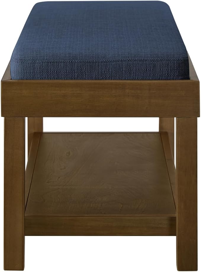 24KF Large Rectangular Storage Bench,Upholstered Seat Cushion,Ottoman Coffee Table with Navy Blue Removable Cushion for Living Room,Entryway Bench Bed Bench with Solid Wood Shelf,5069-Navy Blue