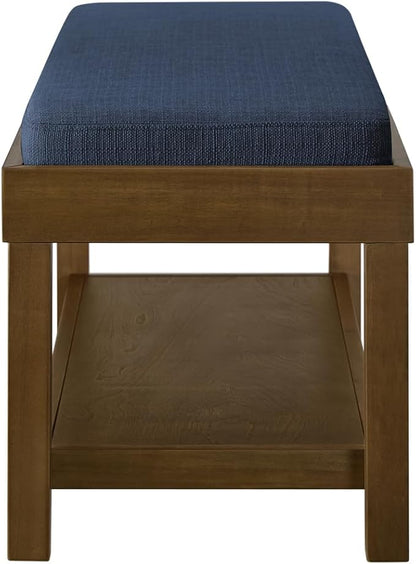 24KF Large Rectangular Storage Bench,Upholstered Seat Cushion,Ottoman Coffee Table with Navy Blue Removable Cushion for Living Room,Entryway Bench Bed Bench with Solid Wood Shelf,5069-Navy Blue