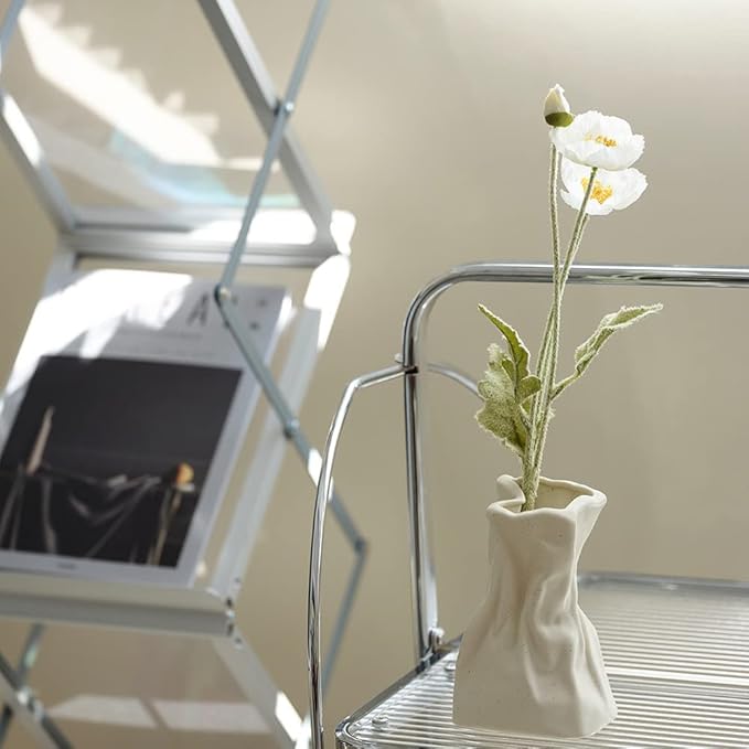 Grab Paper Bag Ceramic Vase, Crinkle Paper Bag Design for Flower Arrangement, Living Room, Dinner Table Decoration Matte Crème