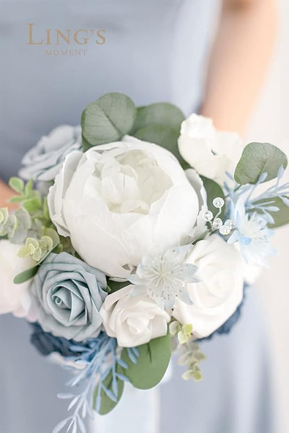 Ling's Moment Artificial Flowers Dusty Blue Bridesmaid Bouquet, Blue & White Wedding Flowers Bouquets for Bridesmaids, 7 Inch Bridal Bouquets for Bridesmaids, Wedding, Ceremony, Anniversary, etc