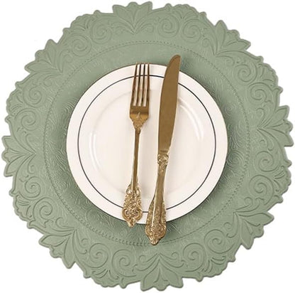 Noctiflorous Round Faux Leather 15 Inch Placemats Set of 6 Waterproof Wipeable Heat Resistant Tablemat for Dining Table Kitchen Non Slip Oilproof Table Place Mat for Indoor Outdoor(A Green, 6)