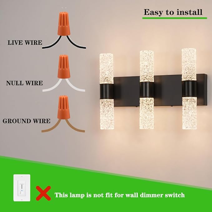 Modern Vanity Light, 6-Light Black LED Vanity Light Fixture, Crystal Bathroom Lighting Fixtures Over Mirror, Wall Lighting Fixtures for Bath, Wall Sconce for Bedroom Living Room, 27W 3000K Warm White